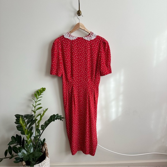 Vintage lace Peter Pan collared floral print button front midi dress- M/L - Picture 6 of 9